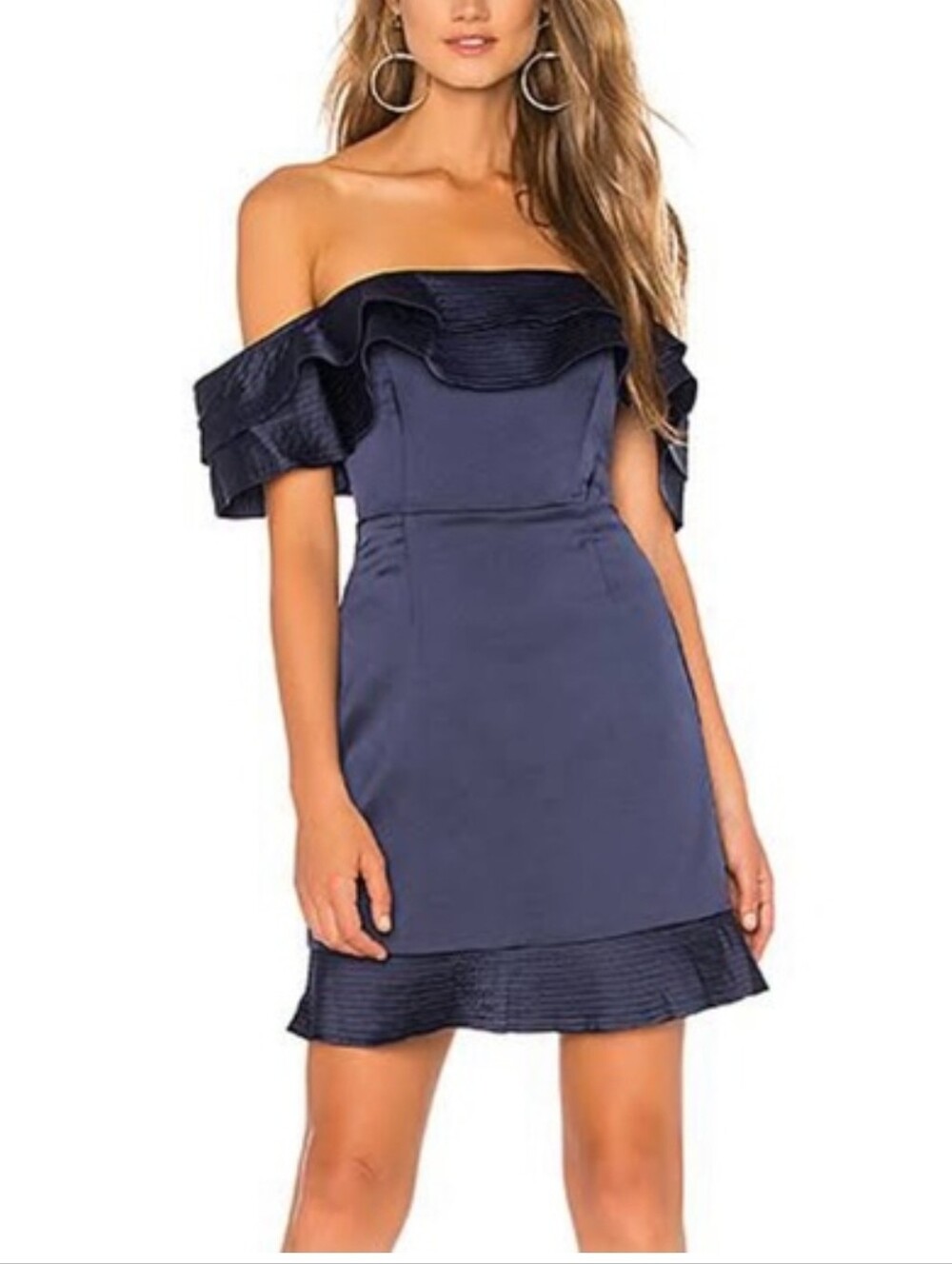 Bardot Revolve Athena Frill Navy Blue Satin Mini Dress SzXS